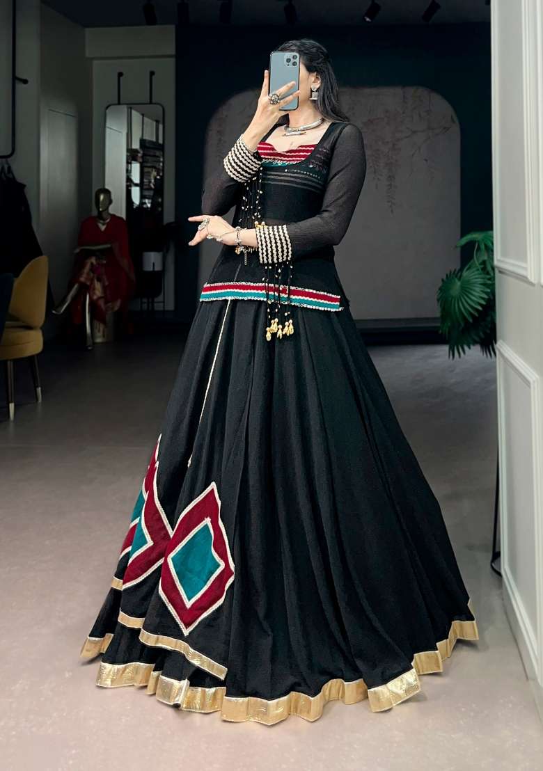 Black Lace Work Marble Base Chaniya Choli Set For Navratri And Garba for Diwali | Wedding & Festive Wear - Indya