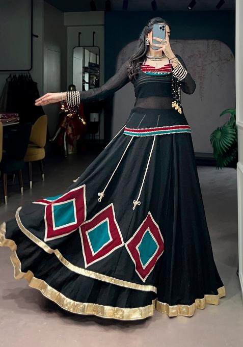 Black Lace Work Marble Base Chaniya Choli Set For Navratri And Garba
