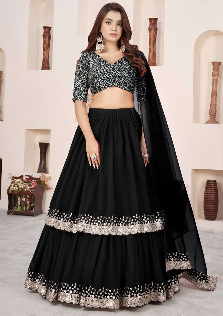 Black Georgette Lehenga Set with Embroidered for Diwali | Wedding & Festive Wear - Indya