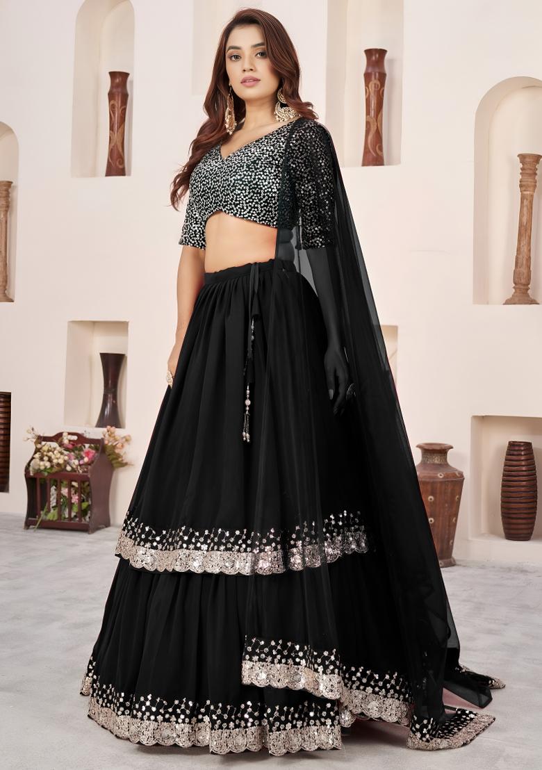 Black Embroidered Georgette Lehenga Set - Indya