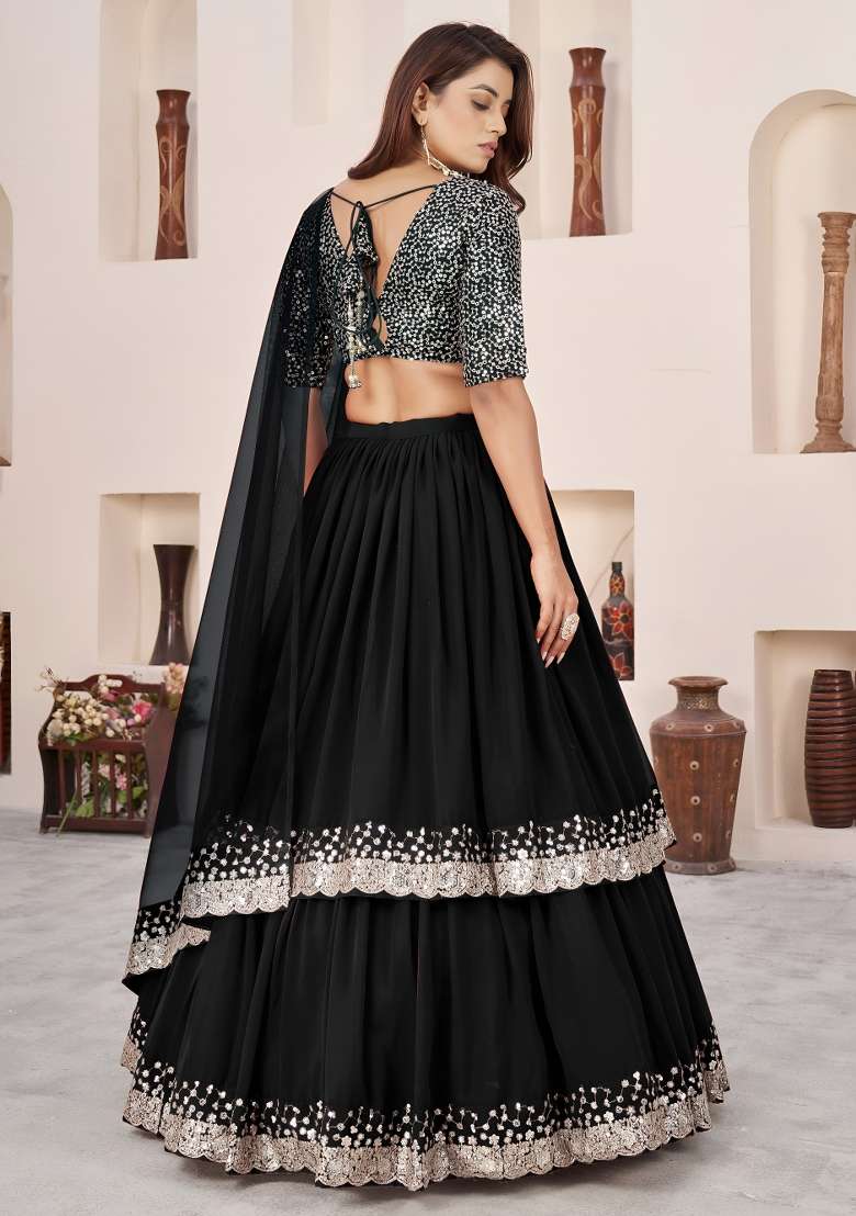 Black Georgette Lehenga Set with Embroidered for Diwali | Wedding & Festive Wear - Indya