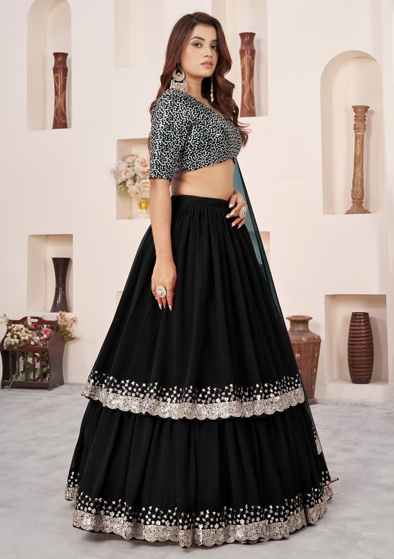 Black Embroidered Georgette Lehenga Set - Indya