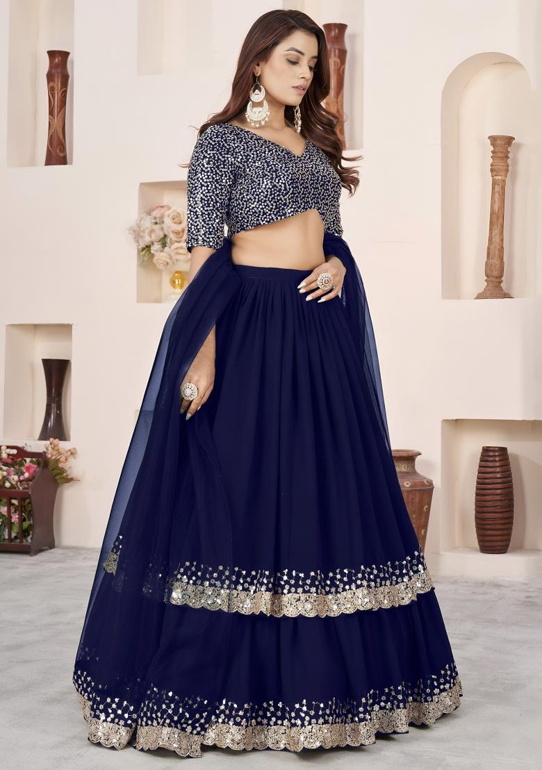 Blue Embroidered Georgette Lehenga Set - Indya