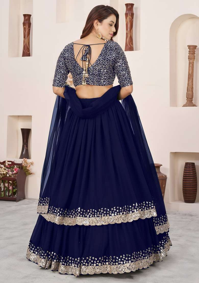 Blue Georgette Lehenga Set with Embroidered for Diwali | Wedding & Festive Wear - Indya