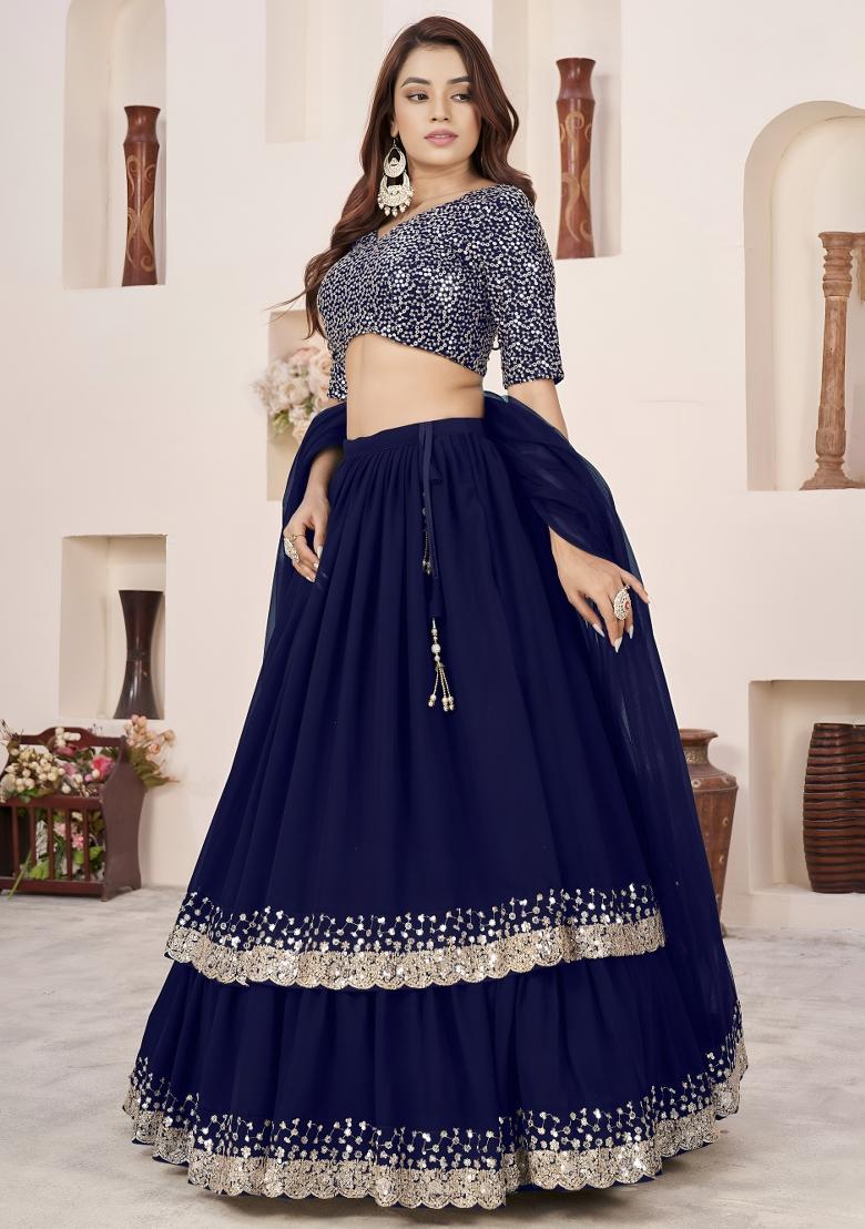 Blue Embroidered Georgette Lehenga Set - Indya