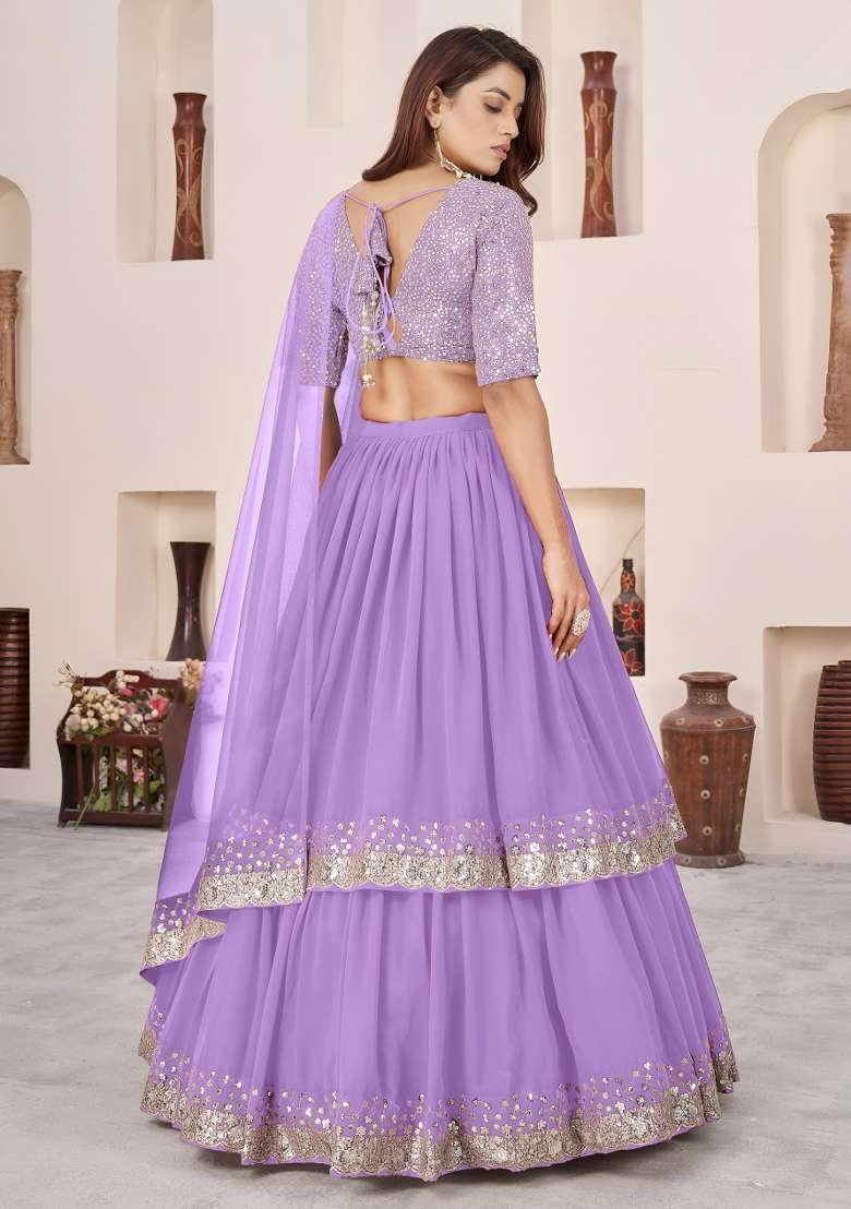 Lavender Embroidered Georgette Lehenga Set for Diwali and Festive Wear - Indya