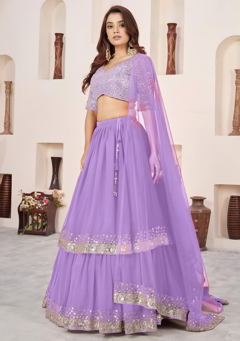 Lavender Embroidered Georgette Lehenga Set - Indya