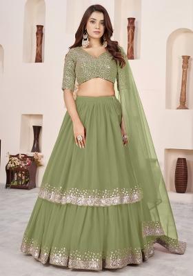 Olive Embroidered Georgette Lehenga Set