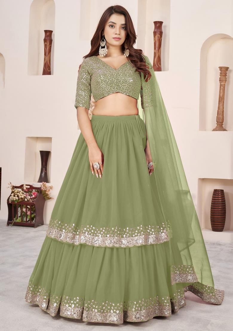 Olive Embroidered Georgette Lehenga Set - Indya