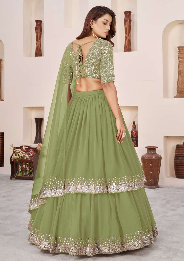 Olive Embroidered Georgette Lehenga Set for Diwali and Festive Wear - Indya