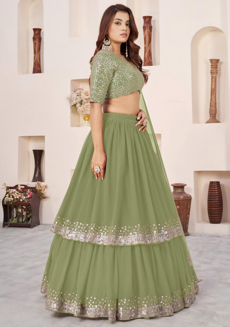 Olive Embroidered Georgette Lehenga Set - Indya