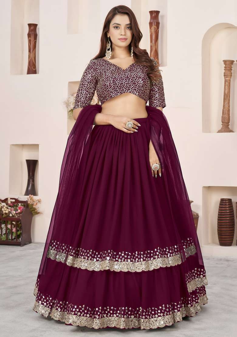 Purple Georgette Lehenga Set with Embroidered for Diwali | Wedding & Festive Wear - Indya