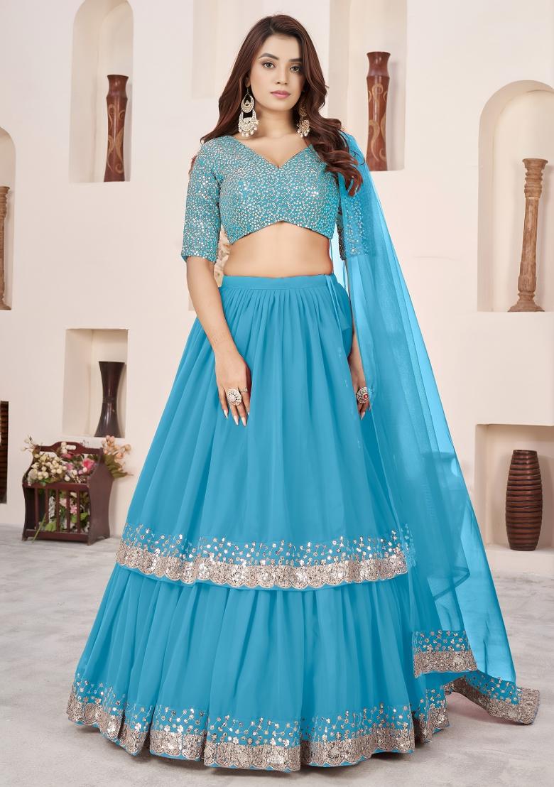 Sky Blue Embroidered Georgette Lehenga Set - Indya