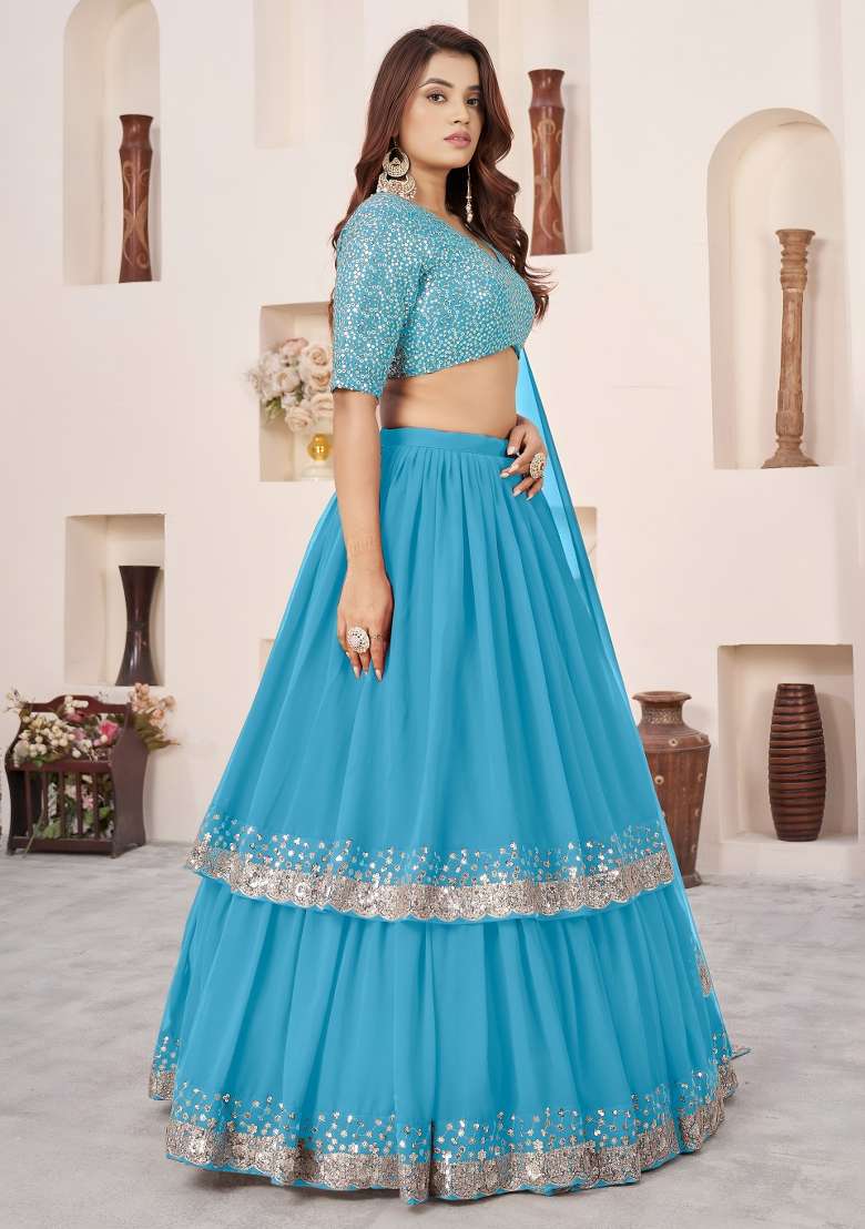 Sky Blue Georgette Lehenga Set with Embroidered for Diwali | Wedding & Festive Wear - Indya