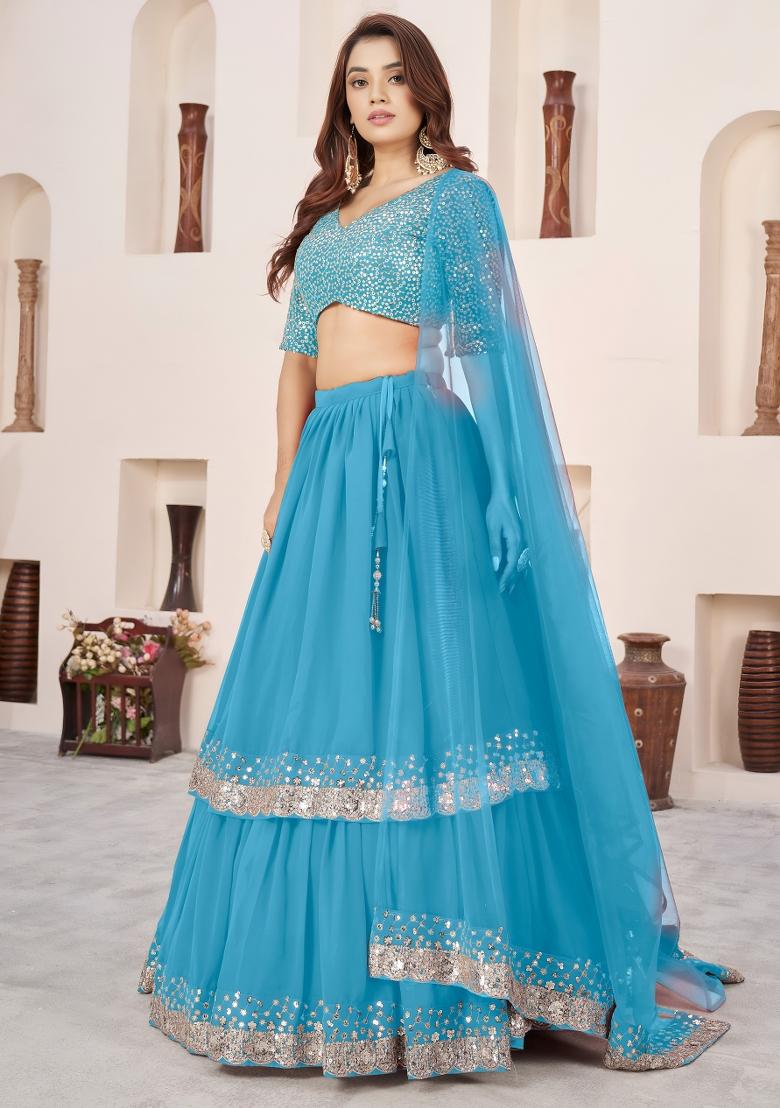 Sky Blue Embroidered Georgette Lehenga Set - Indya