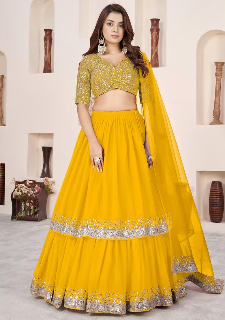 Yellow Embroidered Georgette Lehenga Set - Indya