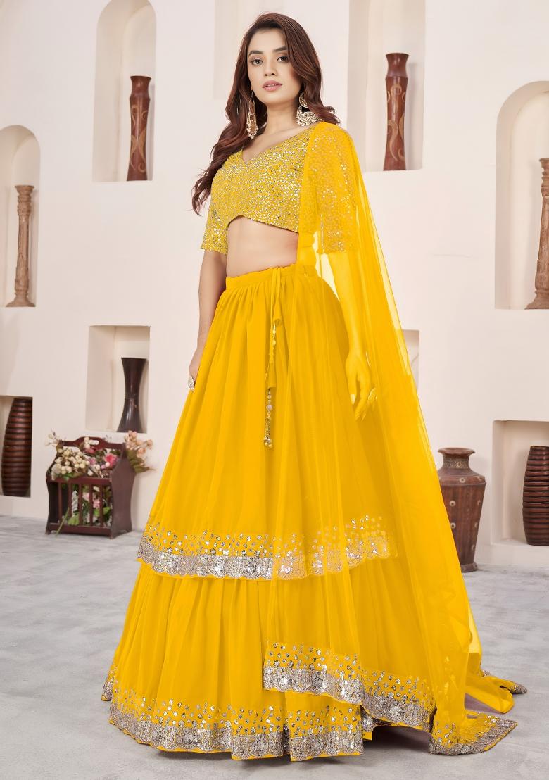 Yellow Embroidered Georgette Lehenga Set - Indya