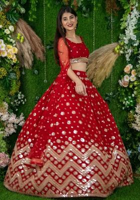 Red Embroidered Georgette Lehenga Set