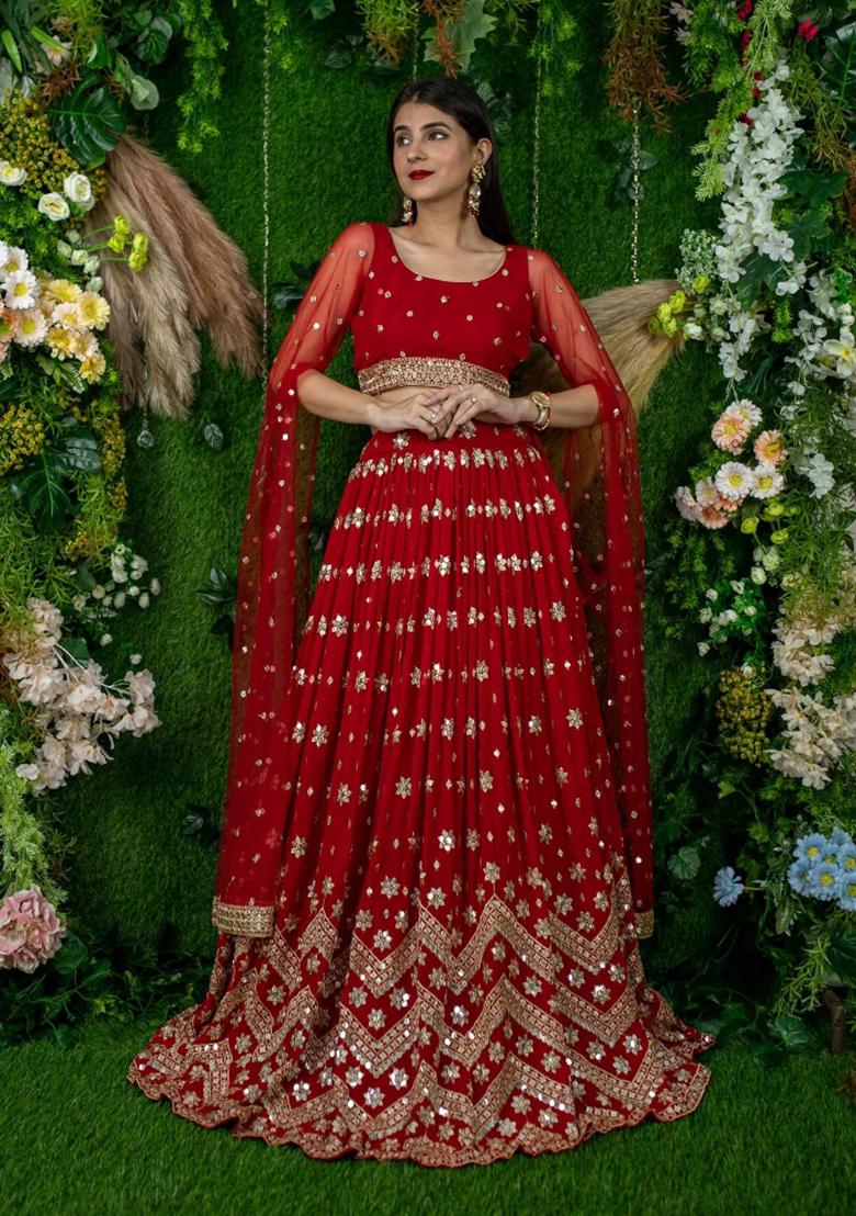 Red Embroidered Georgette Lehenga Set - Indya