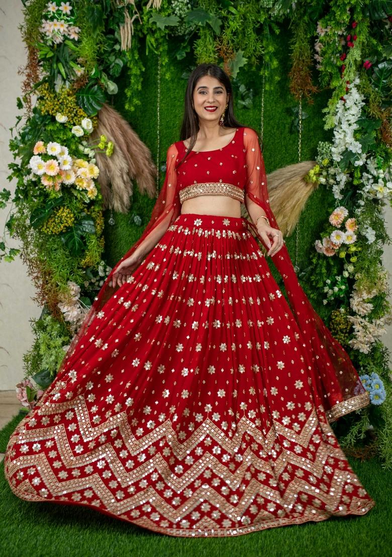 Red Embroidered Georgette Lehenga Set - Indya
