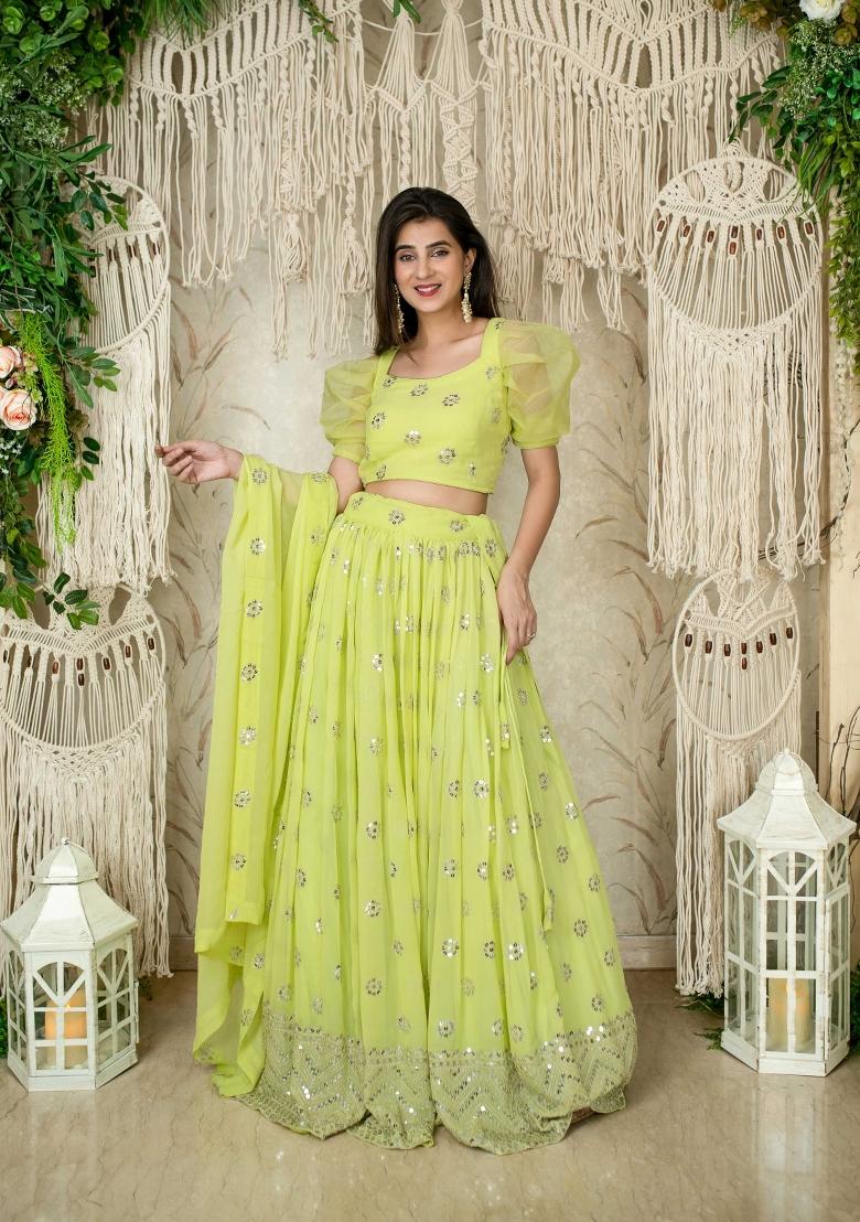 Light Green Embroidered Georgette Lehenga Set - Indya
