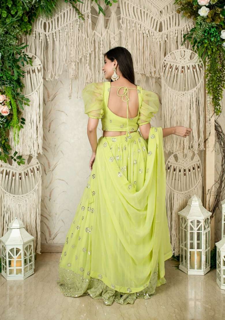 Light Green Georgette Lehenga Set with Embroidered for Diwali | Wedding & Festive Wear - Indya