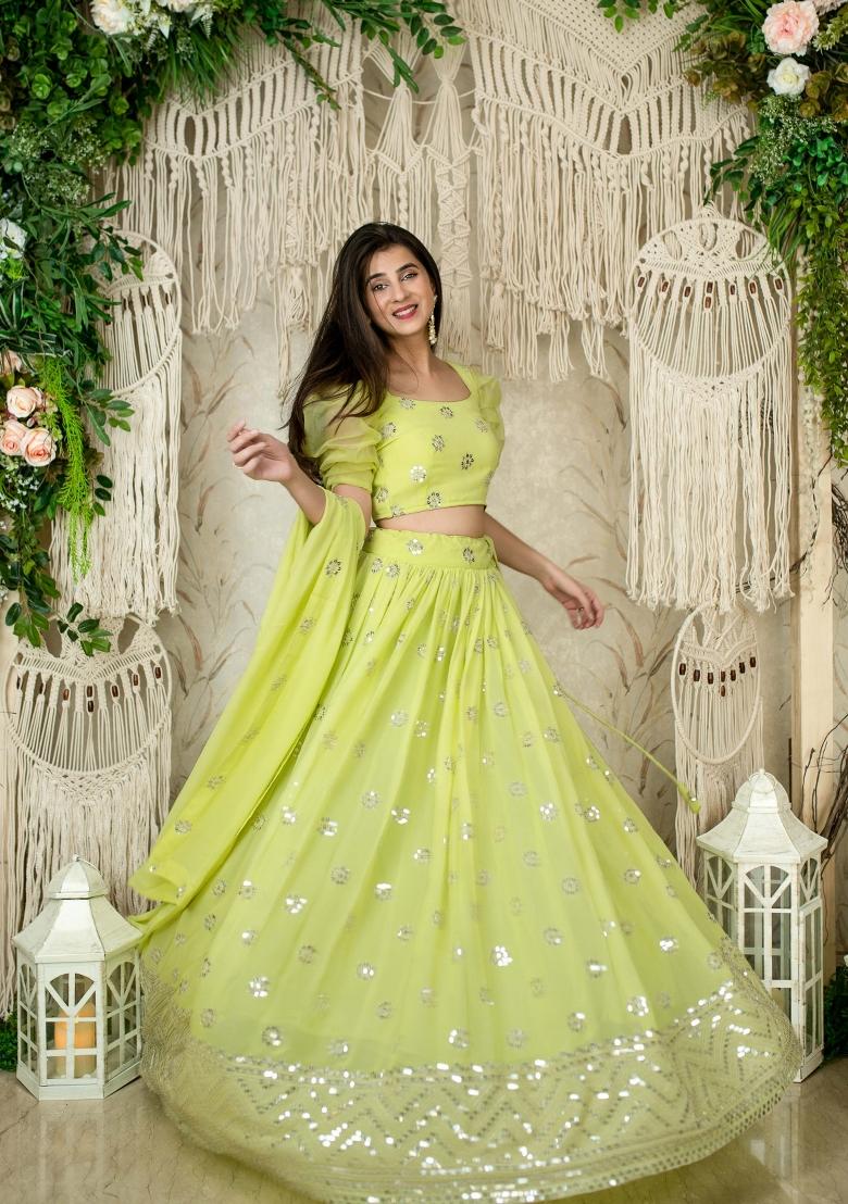 Light Green Embroidered Georgette Lehenga Set - Indya