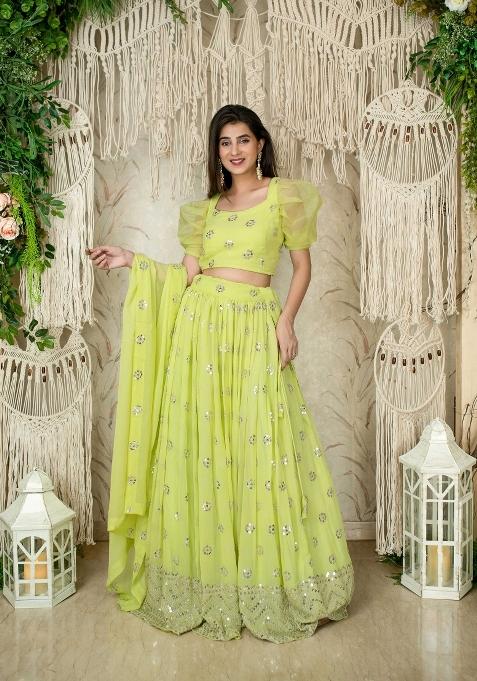 Light Green Embroidered Georgette Lehenga Set