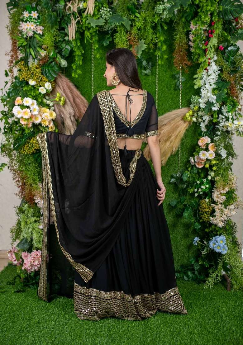 Black Georgette Lehenga Set with Embroidered for Diwali | Wedding & Festive Wear - Indya