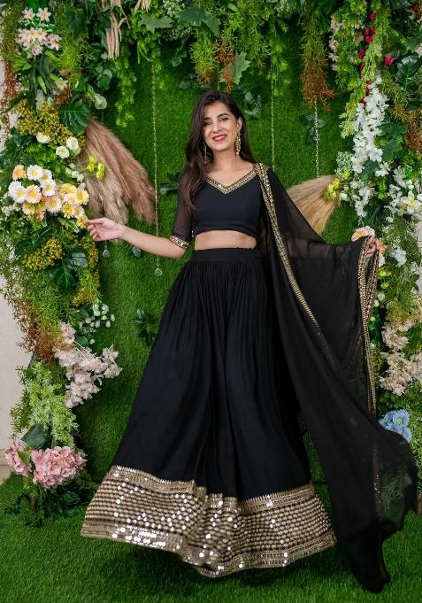 Black Embroidered Georgette Lehenga Set