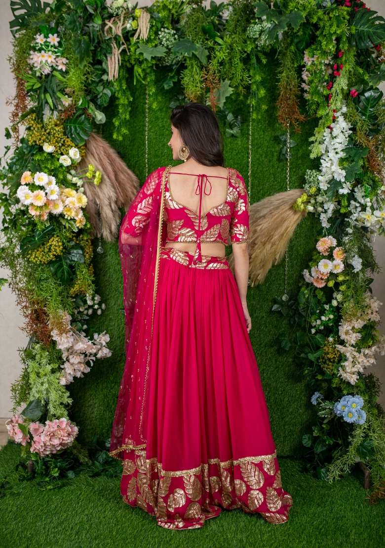 Rani Pink Embroidered Georgette Lehenga Set for Diwali and Festive Wear - Indya