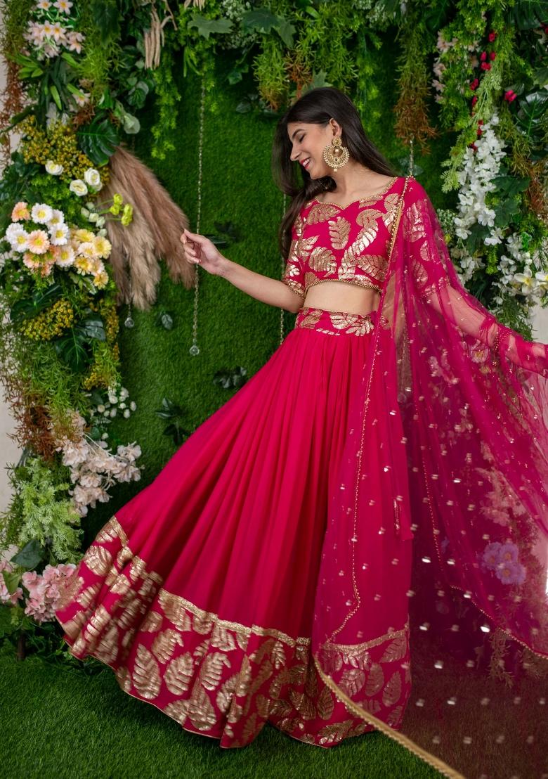 Rani Pink Embroidered Georgette Lehenga Set - Indya