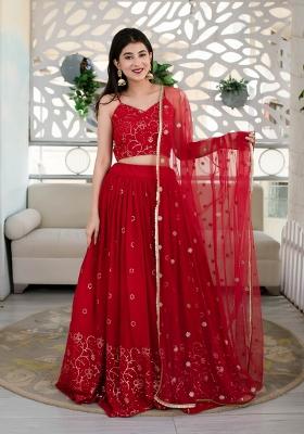 Red Embroidered Georgette Lehenga Set