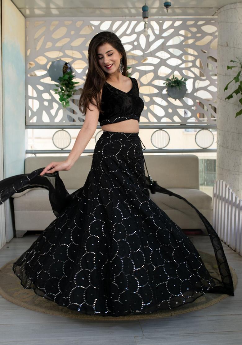 Black Embroidered Georgette Lehenga Set - Indya
