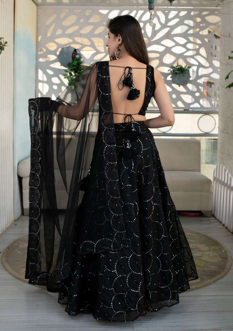 Black Georgette Lehenga Set with Embroidered for Diwali | Wedding & Festive Wear - Indya