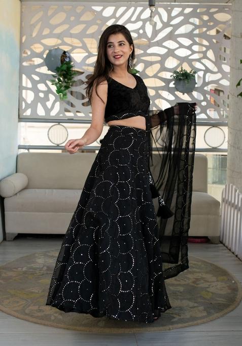 Black Embroidered Georgette Lehenga Set