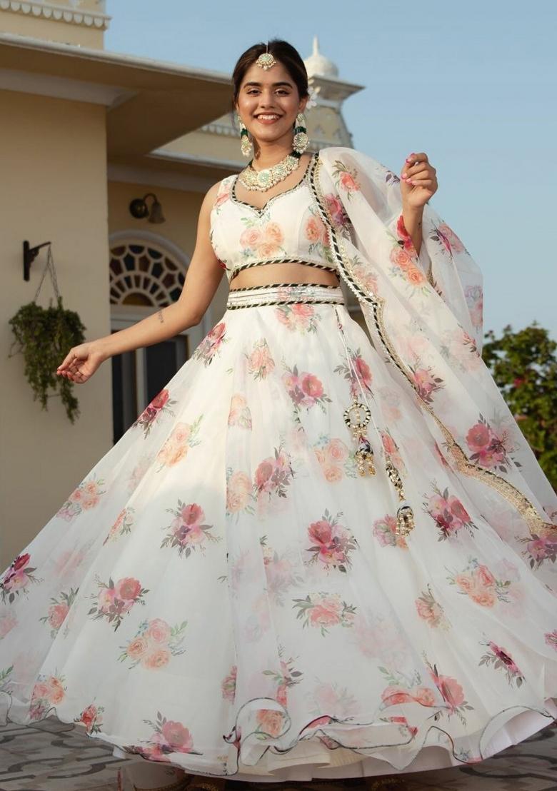 White Printed Organza Lehenga Set - Indya