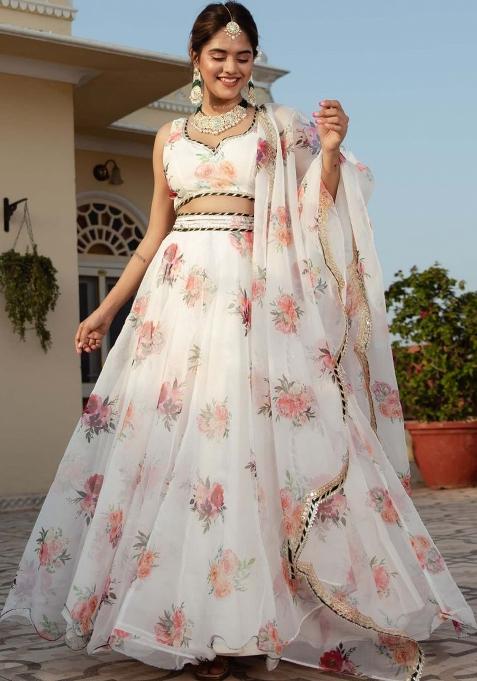 White Printed Organza Lehenga Set