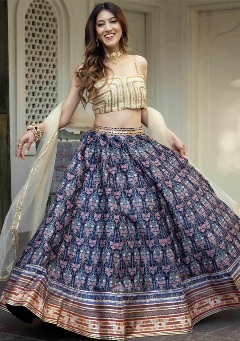 Blue Printed Silk Lehenga Set - Indya