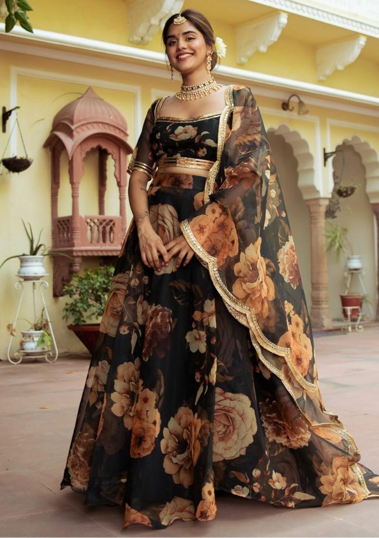 Black Printed Organza Lehenga Set - Indya