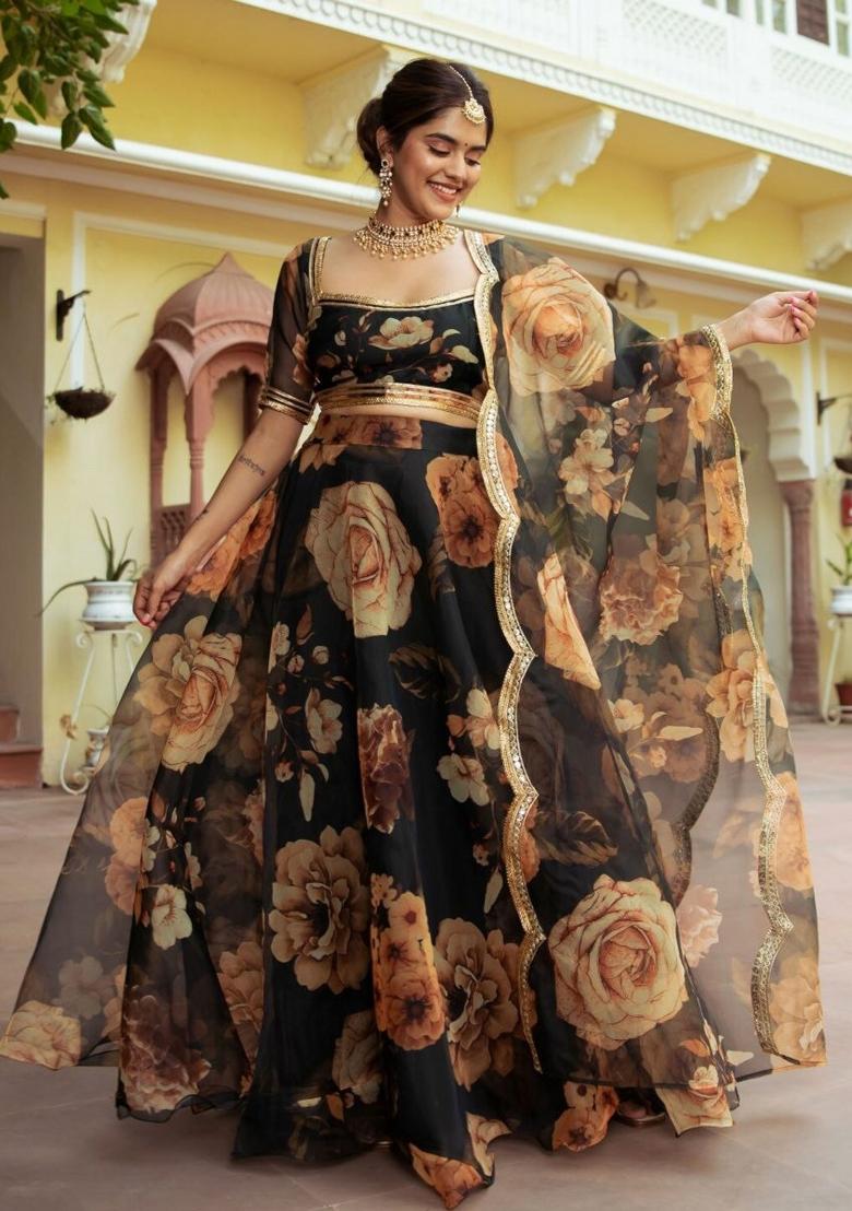 Black Printed Organza Lehenga Set - Indya