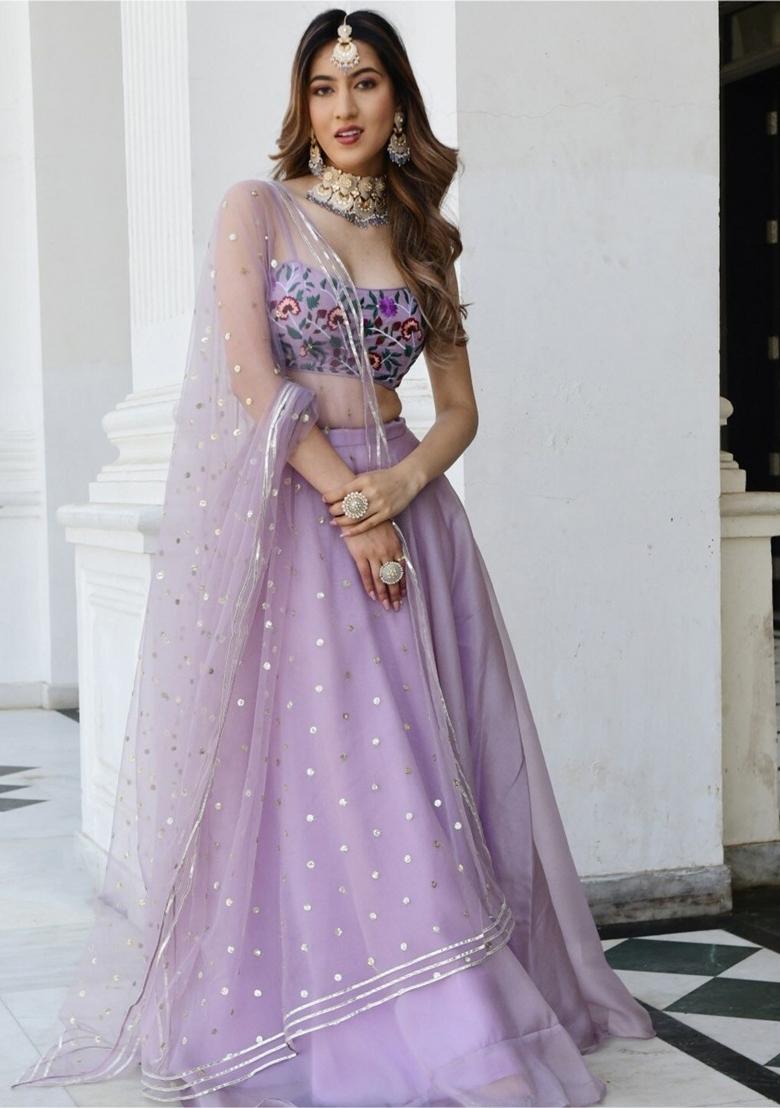 Lavender Printed Organza Lehenga Set - Indya