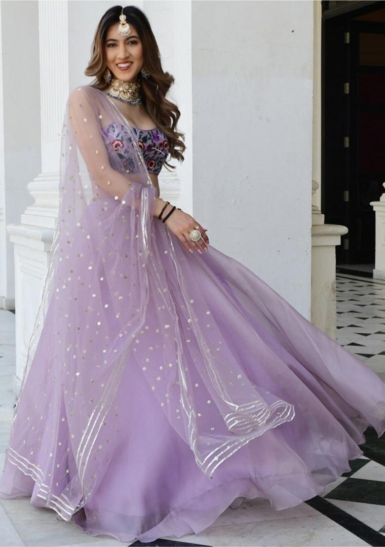Lavender Printed Organza Lehenga Set - Indya