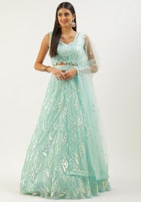 Blue Embroidered Net Lehenga Set