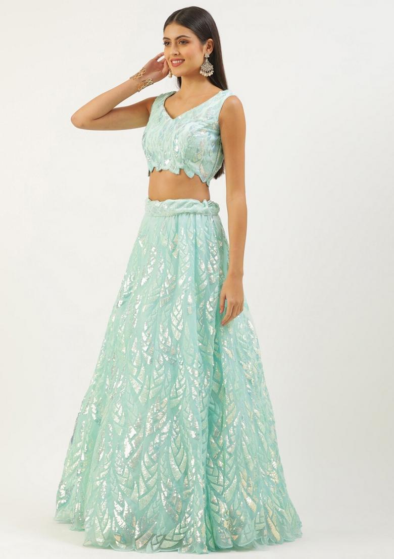 Blue Embroidered Net Lehenga Set - Indya