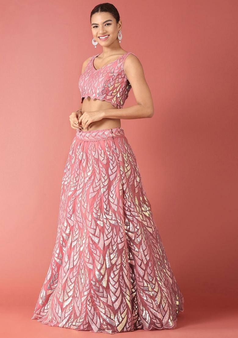 Sky Blue Embroidered Net Lehenga Set - Indya