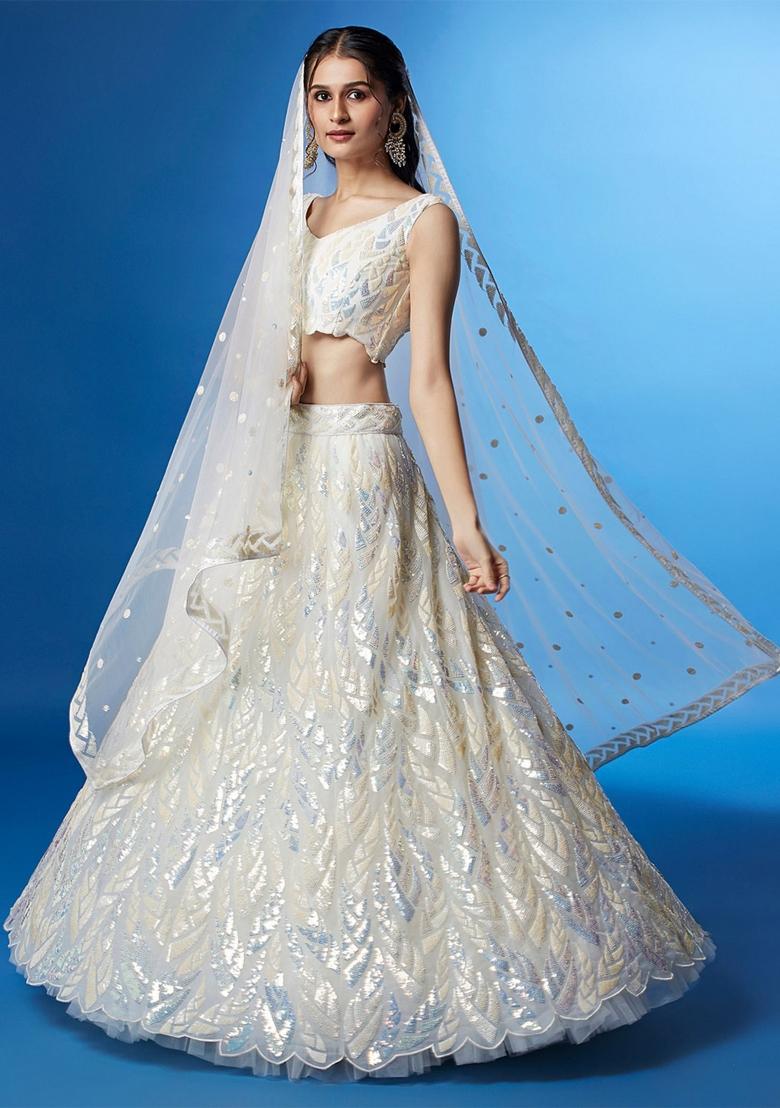 White Embroidered Net Lehenga Set - Indya