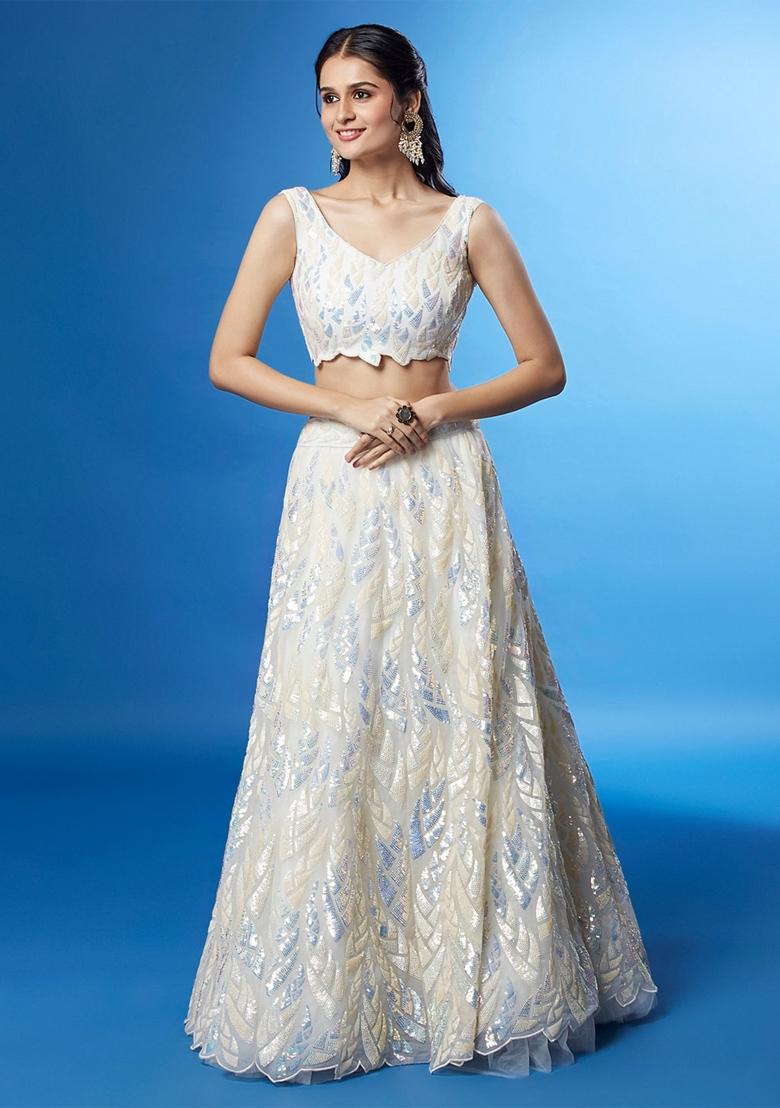 White Embroidered Net Lehenga Set - Indya