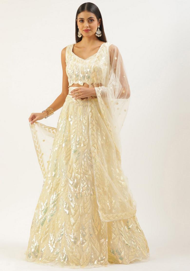 Light Yellow Embroidered Net Lehenga Set - Indya
