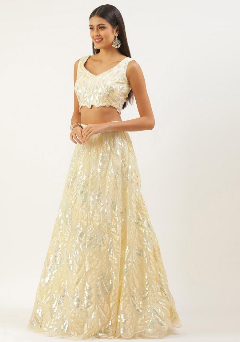 Light Yellow Embroidered Net Lehenga Set - Indya